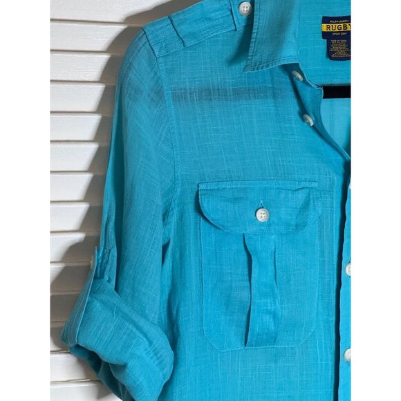 Ralph Lauren Rugby Womens Boyfriend Button Down Turquiose Blouse Roll Tab Size 0 - Picture 6 of 10